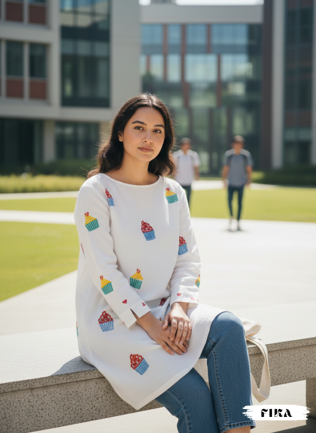 Cupcake shirt with sitting model