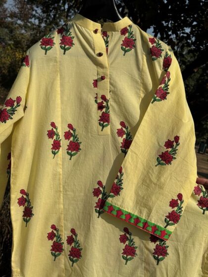 Yellow Red Gold Hand Block Printed Cotton Kurta – Front View